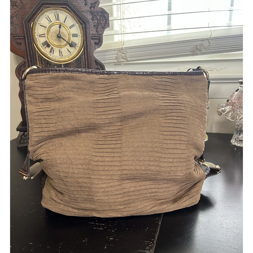 Dana Buchman Hobo Bag Pleated Faux Suede Croc Trim Gold Hardware READ